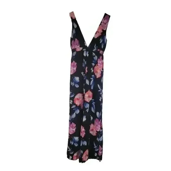 Aqua Women's Black Poly Bright Floral Deep V Front & Back Sleeveless Jumpsuit Ro - Picture 4 of 13